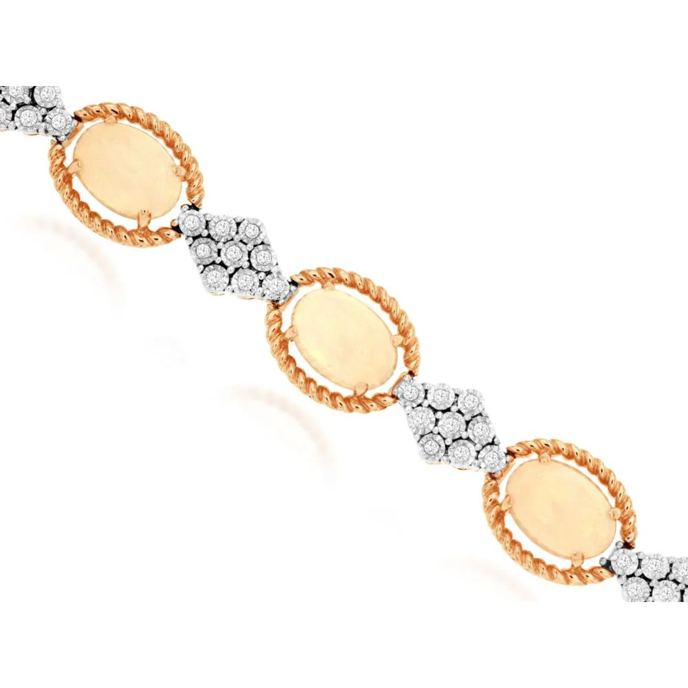 14K Rose Gold Opal and Diamond Bracelet with Oval Opal - 6.33 Carats Total Gem Weight - Royal Jewelry