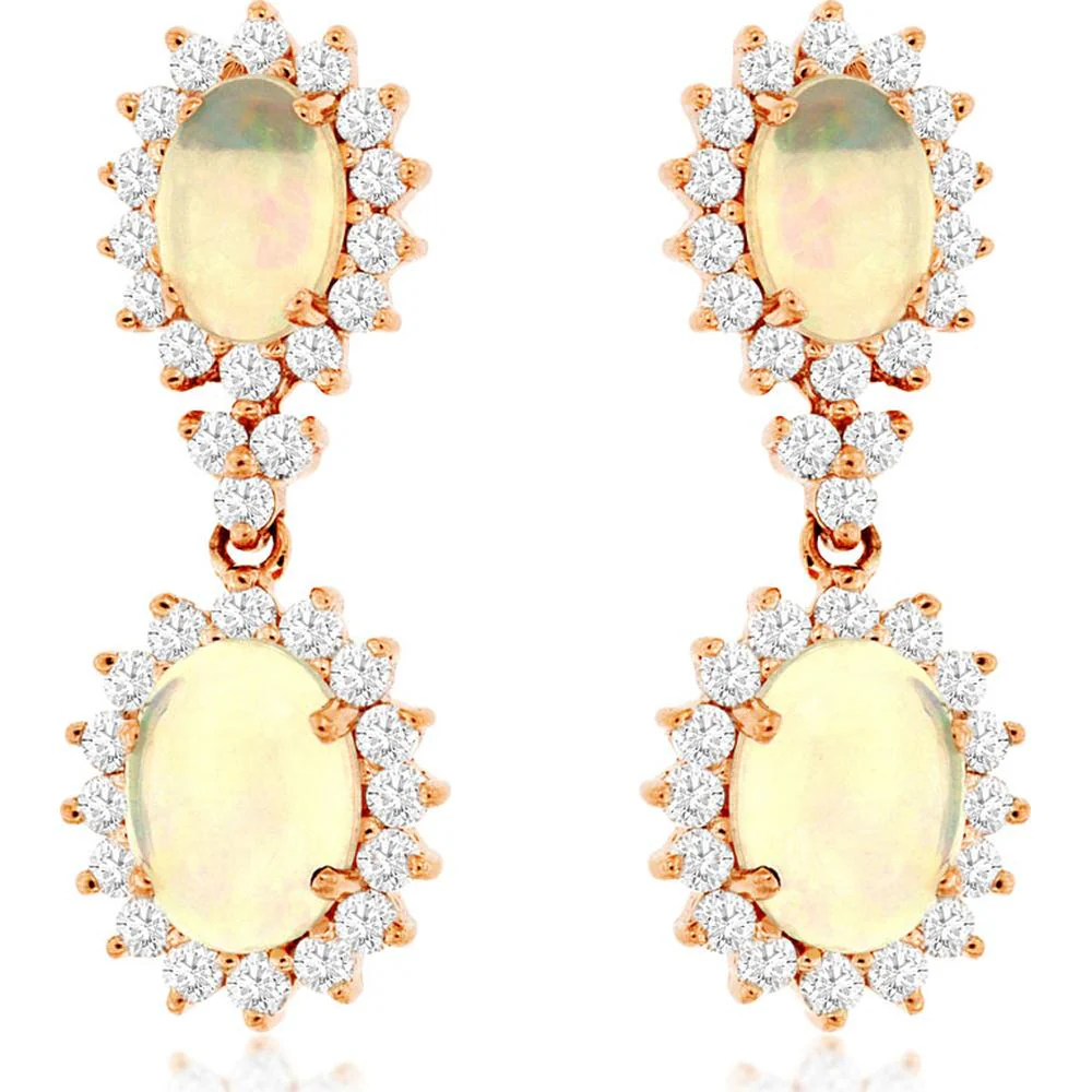 14K Rose Gold Opal & Diamond Drop Earrings with Oval Halo Setting - 2.80 Carat Total Opal Weight & 1.30 Carat Total Diamond Weight - Royal Jewelry