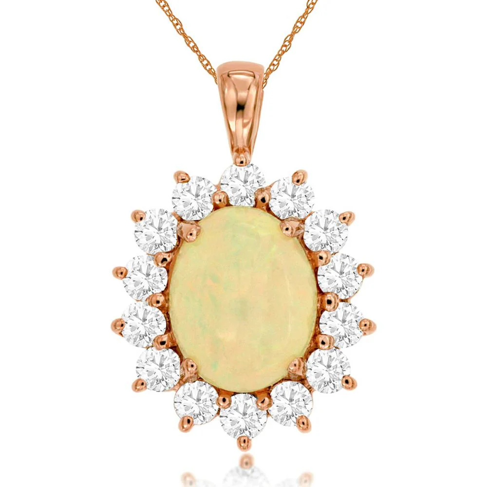 14K Rose Gold Opal & Diamond Halo Pendant - 3.00 Carats Opal & 1.90 Carats Total Diamond Weight - Royal Jewelry