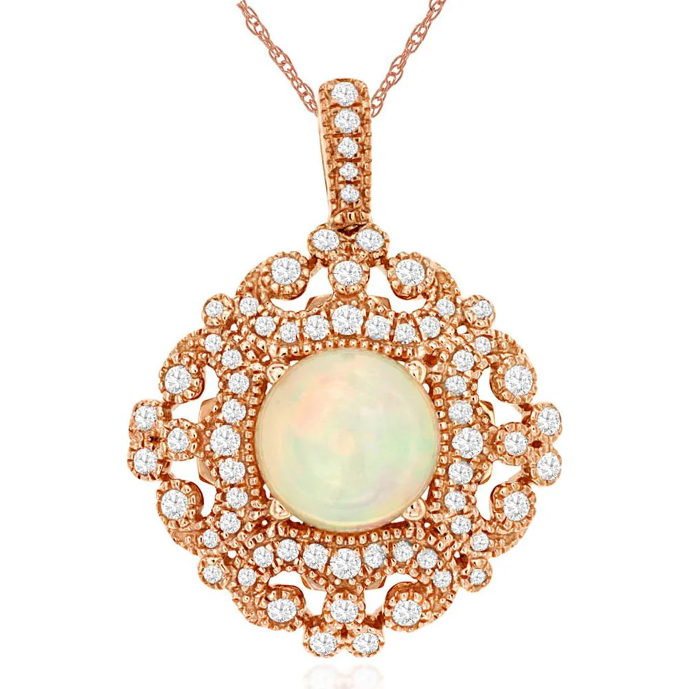 14K Rose Gold Opal and Diamond Halo Pendant Necklace - 1.80 Carat Cabochon Opal with 0.56 Carat Total Diamond Weight - Royal Jewelry