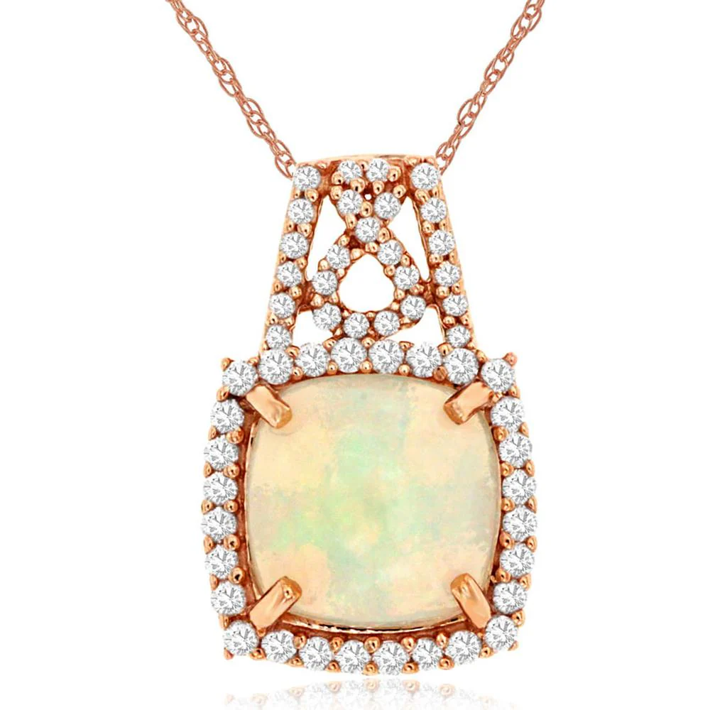 14K Rose Gold Opal and Diamond Halo Pendant with Cushion Cut Center Stone - 1.40 Carat Opal, 0.23 Carat Total Diamond Weight - Royal Jewelry