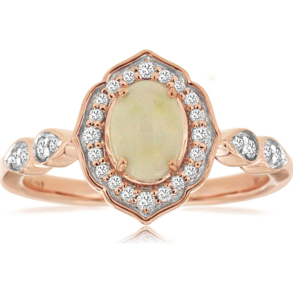 14K Rose Gold Opal & Diamond Halo Ring - 0.71 Carats Total Gem Weight - Royal Jewelry
