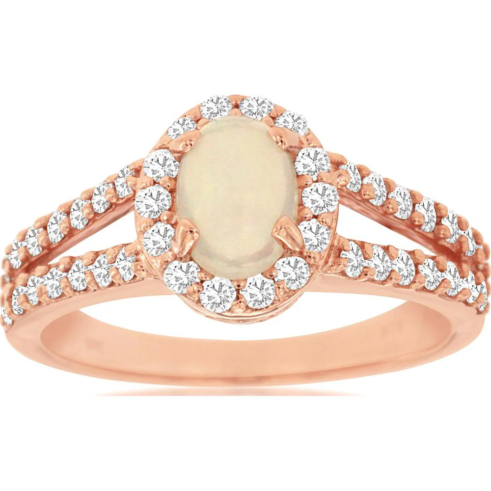 14K Rose Gold Opal & Diamond Halo Ring - 1.15 Carats Total Weight - Royal Jewelry