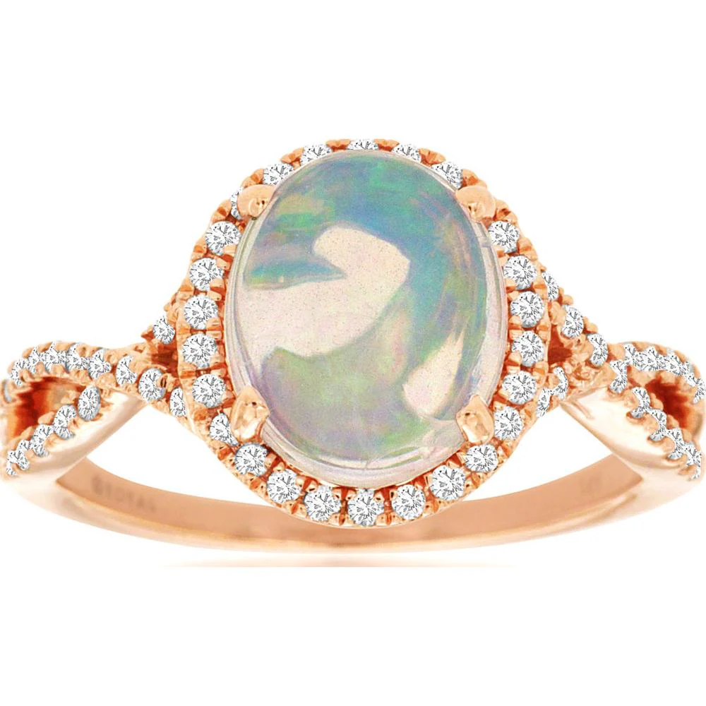 14K Rose Gold Opal & Diamond Halo Ring - 1.70 Carats Opal, 0.30 Carats Diamond Total Weight - Royal Jewelry