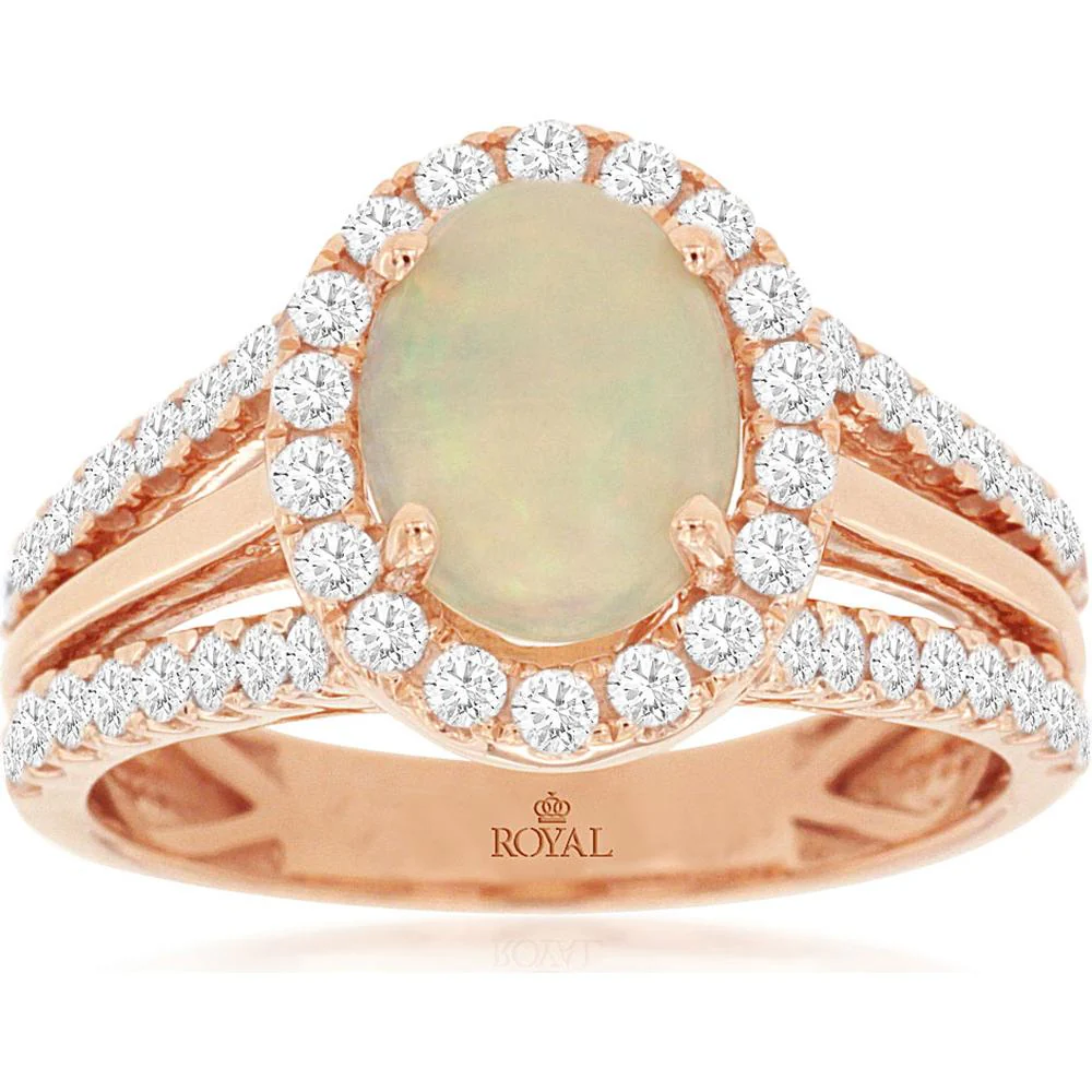 14K Rose Gold Opal & Diamond Halo Ring - 1.92 Carats Total Gem Weight - Royal Jewelry