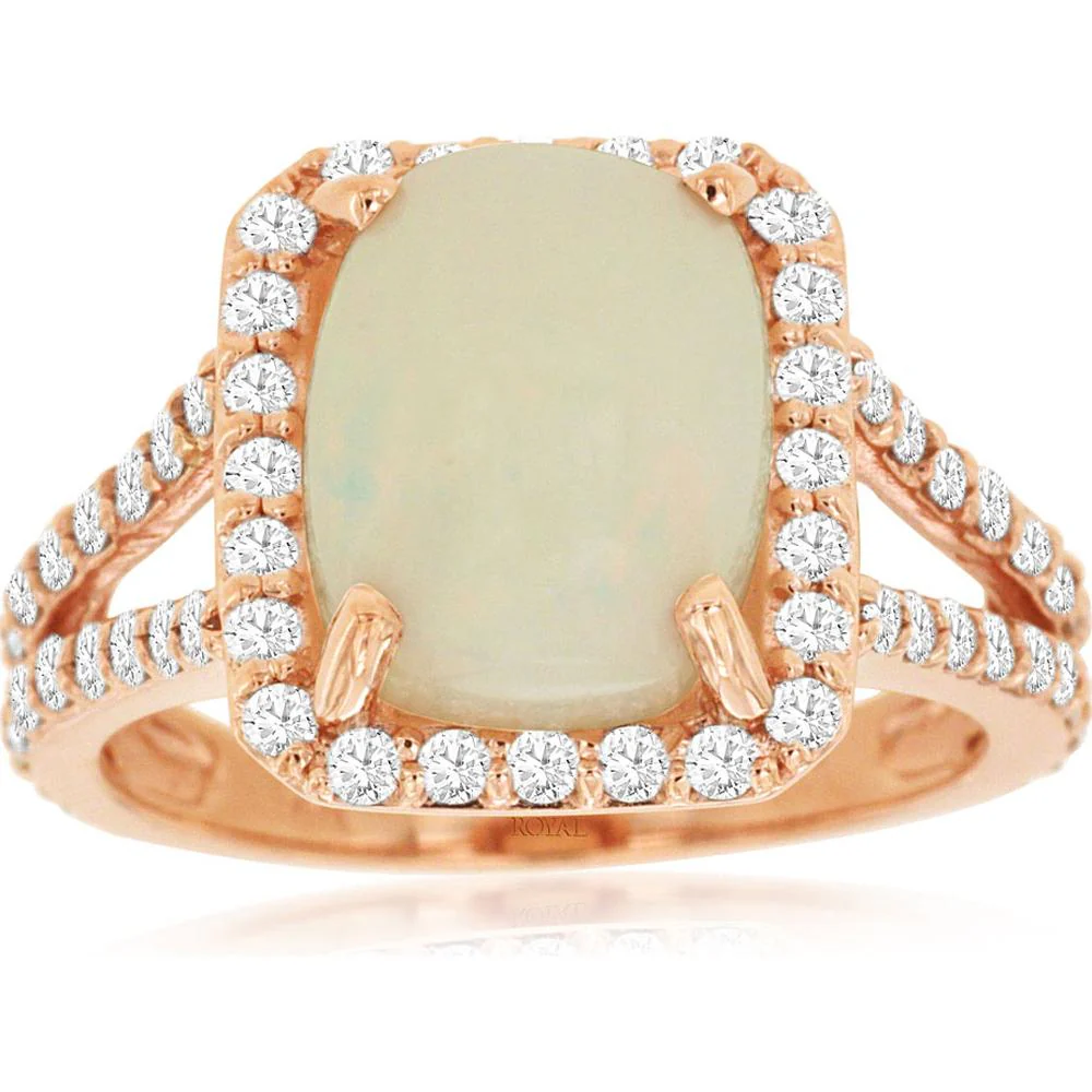14K Rose Gold Opal and Diamond Halo Ring - 2.85 Carats Opal, 1.00 Carat Diamond Total Weight - Royal Jewelry