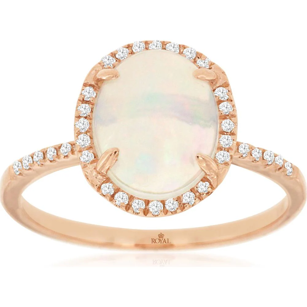 14K Rose Gold Opal and Diamond Halo Ring with Oval Cut 1.70 Carat Opal and 0.14 Carat Round Diamond Accents - Royal Jewelry