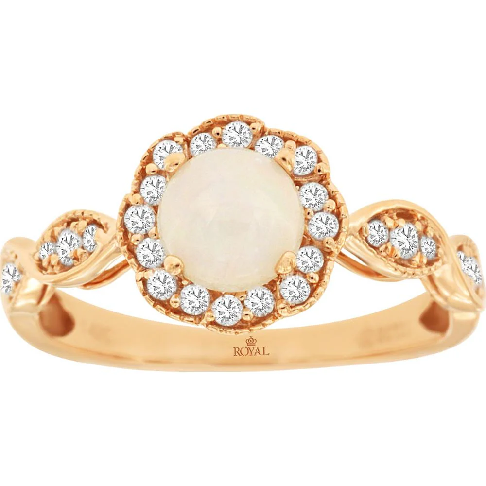 14K Rose Gold Opal and Diamond Halo Ring with Round Opal Center - 0.60 Carat Opal and 0.27 Carat Total Diamond Weight - Royal Jewelry
