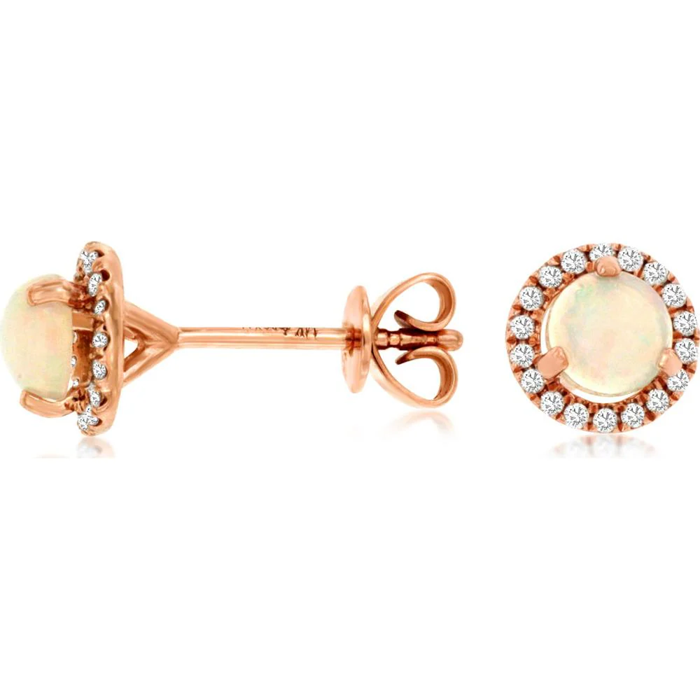 14K Rose Gold Opal & Diamond Halo Stud Earrings - 0.44 Carats Total Opal & 0.14 Carats Total Diamond Weight - Royal Jewelry