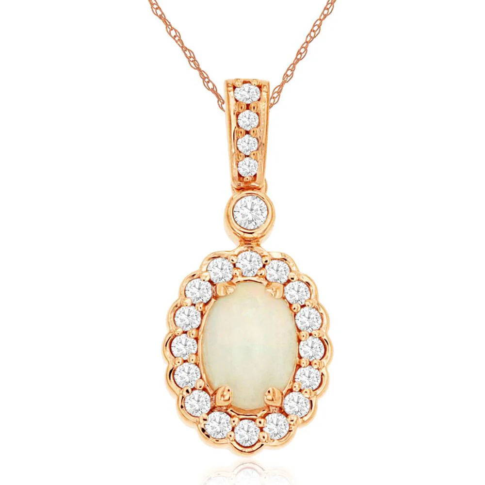 14K Rose Gold Opal & Diamond Pendant with Oval Opal and Round Diamond Halo - 0.50 Carats Opal, 0.25 Carats Diamond Total Weight - Royal Jewelry