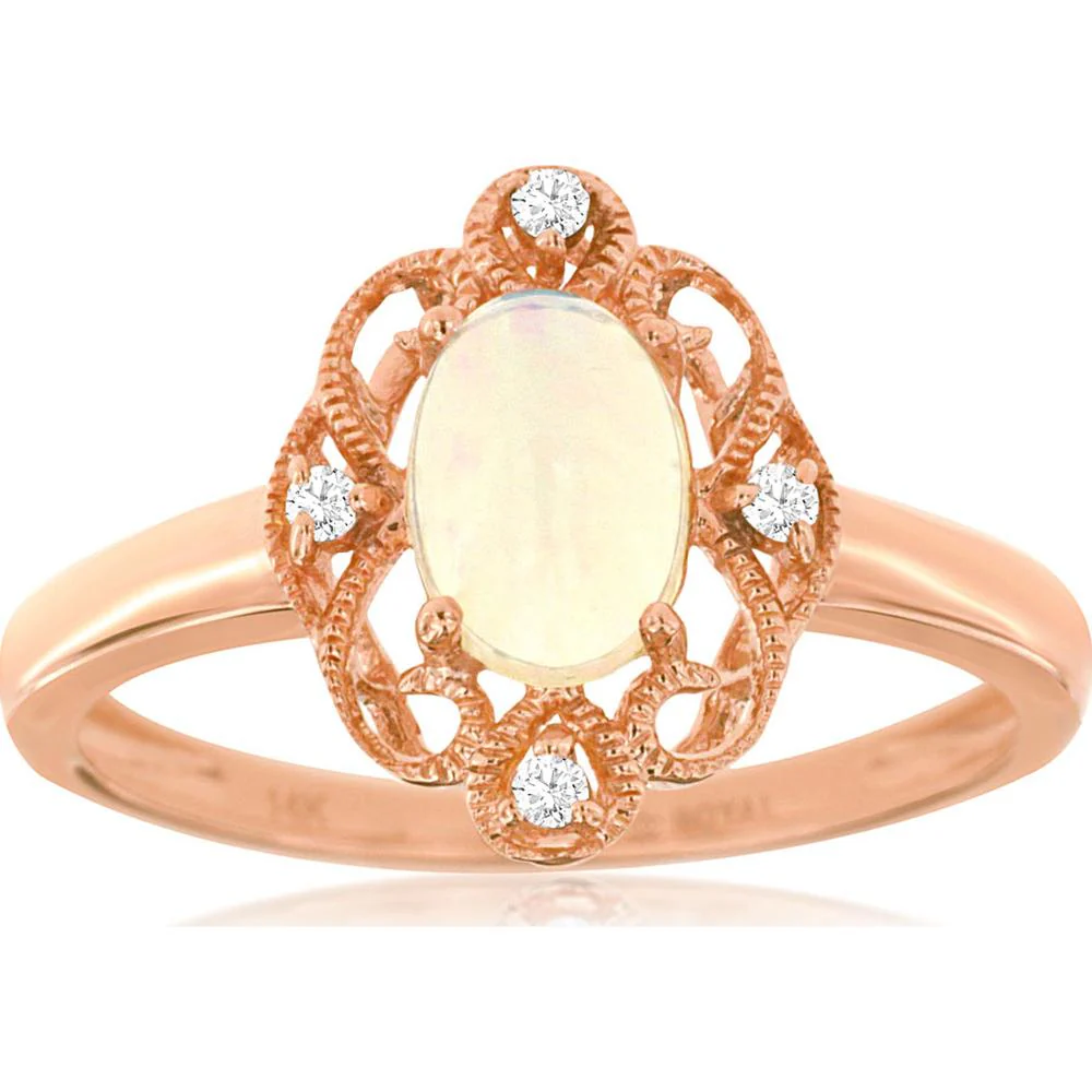 14K Rose Gold Opal & Diamond Ring with Oval Opal and Diamond Accents - 0.54 Carats Total Gemstone Weight - Royal Jewelry
