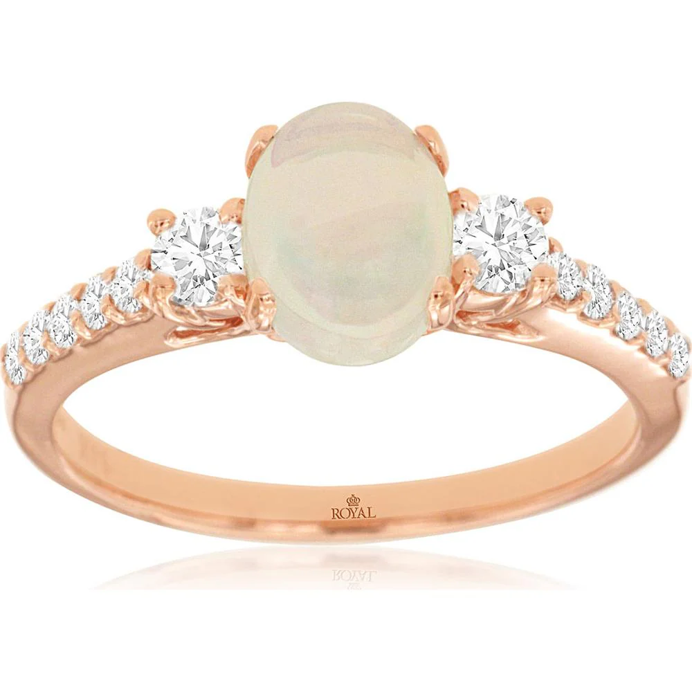 14K Rose Gold Opal and Diamond Three-Stone Ring with 0.90 Carat Oval Opal and 0.45 Carat Round Diamond Accents - Royal Jewelry