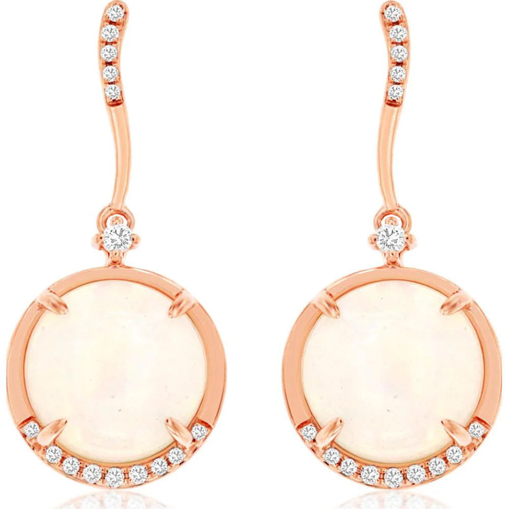 14K Rose Gold Opal Drop Earrings with Milgrain Detail and Diamonds - 3.82 Carats Total Opal & Diamond Weight - Royal Jewelry
