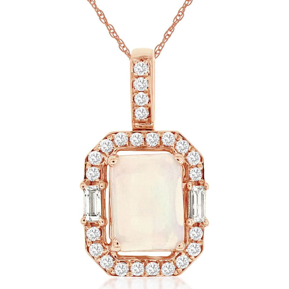 14K Rose Gold Opal Pendant with Diamond Halo - 1.22 Carats Total Gem Weight - Royal Jewelry