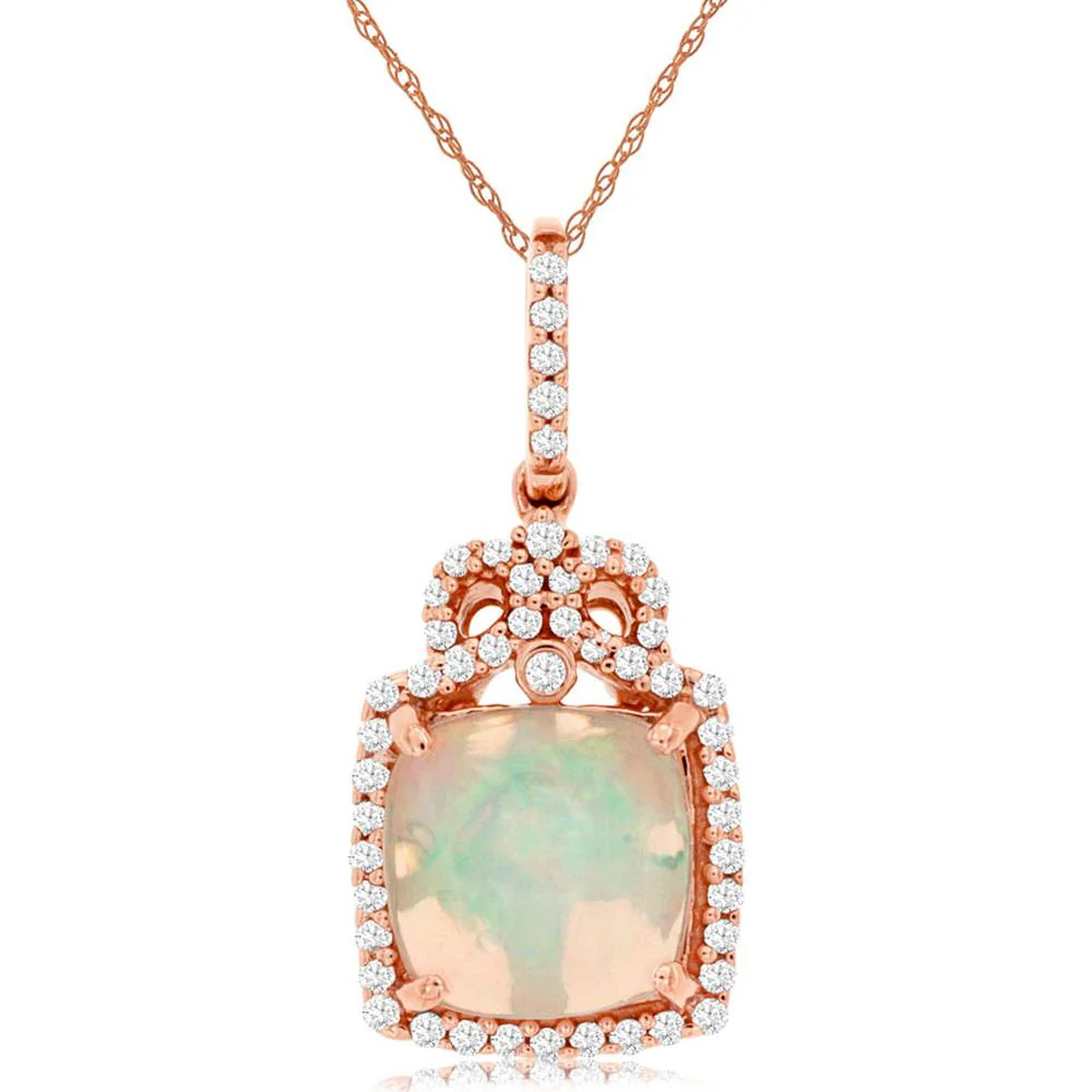 14K Rose Gold Opal Pendant with Diamond Halo - 1.60 Carats Total Weight - Royal Jewelry
