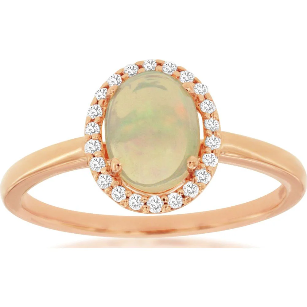 14K Rose Gold Opal Ring with Diamond Halo - 0.90 Carats Opal, 0.12 Carats Total Diamond Weight - Royal Jewelry