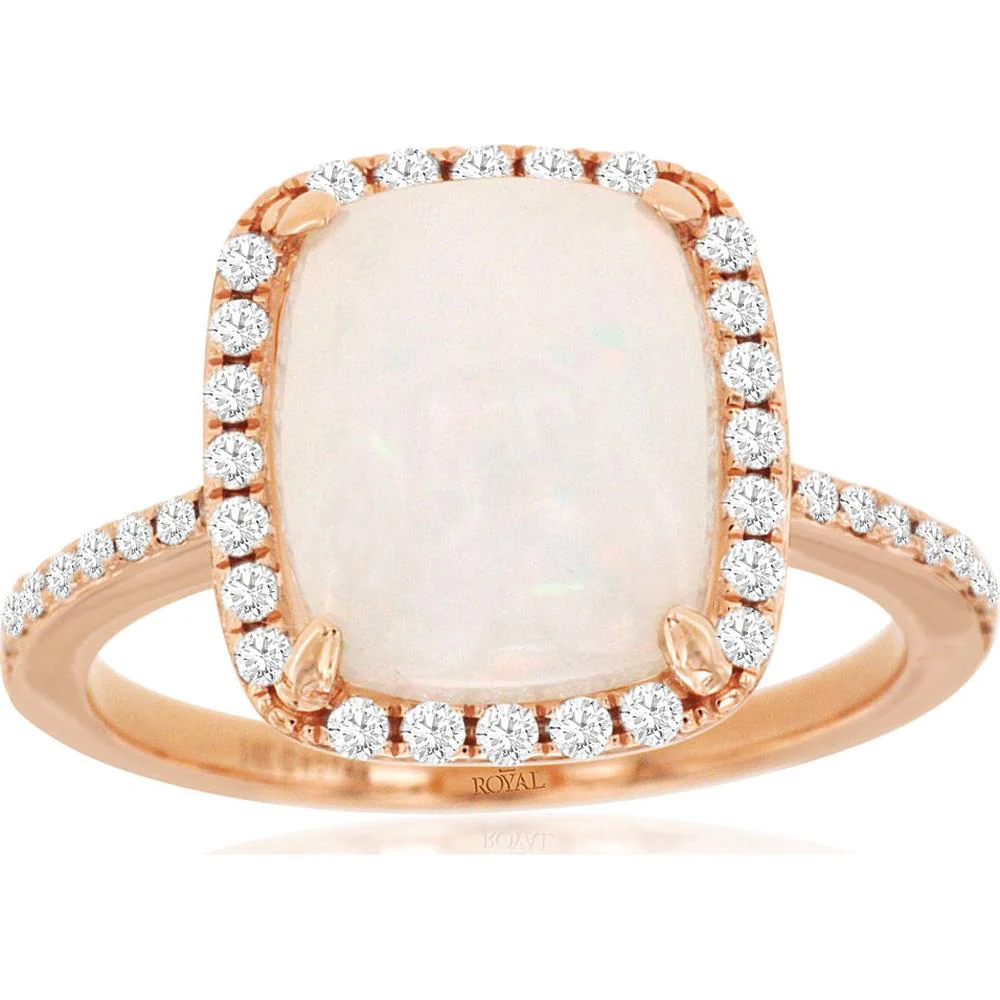 14K Rose Gold Opal Ring with Diamond Halo - 2.85 Carats Opal & 0.30 Carats Diamond Weight - Royal Jewelry