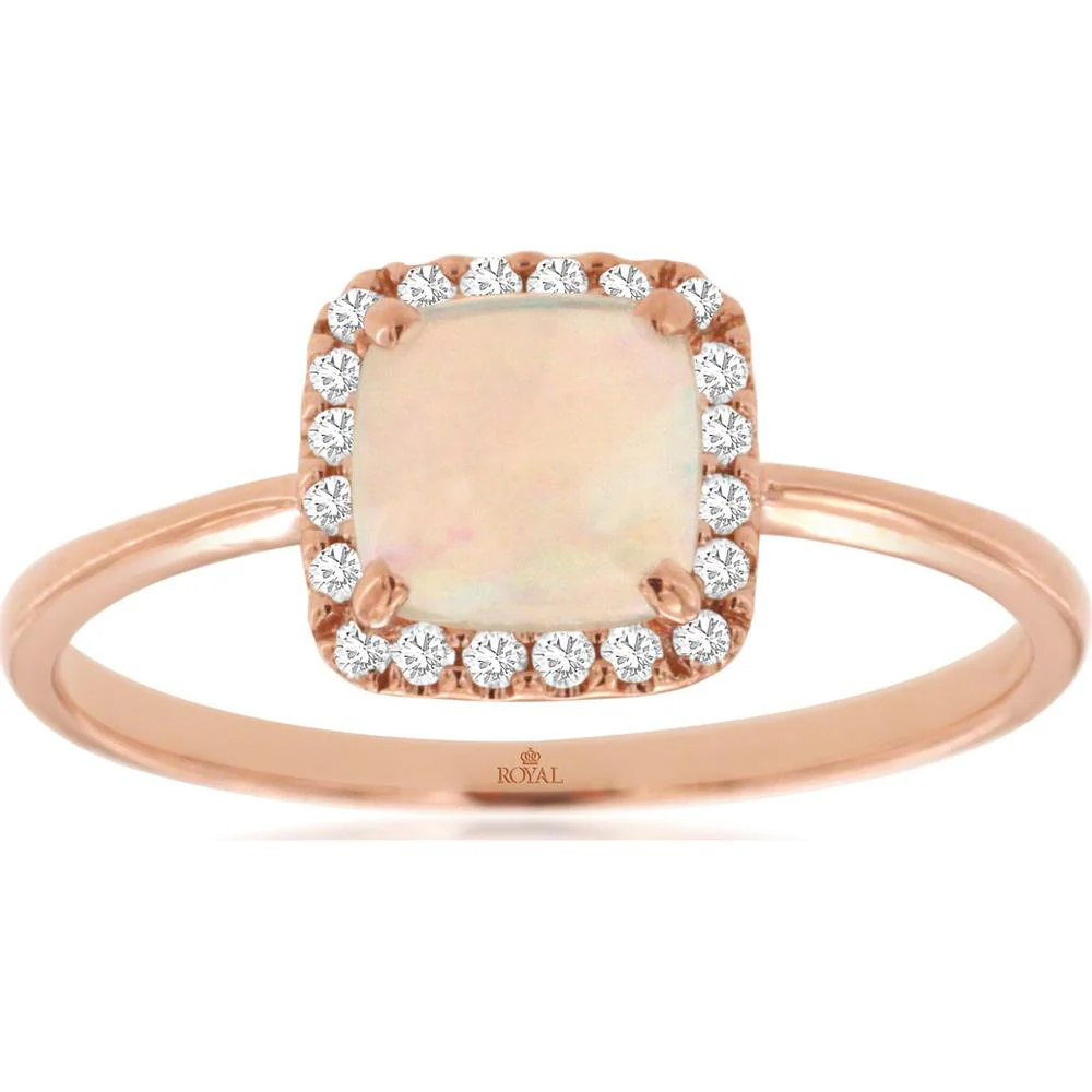 14K Rose Gold Opal Ring with Halo of Round Diamonds - 0.76 Carats Total Diamond Weight - Royal Jewelry