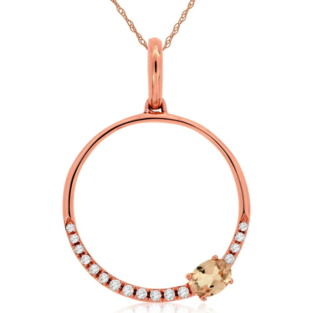 14K Rose Gold Open Circle Pendant with Oval Morganite and Diamond Accents - 0.19 Carat Morganite and 0.07 Carat Total Diamond Weight - Royal Jewelry