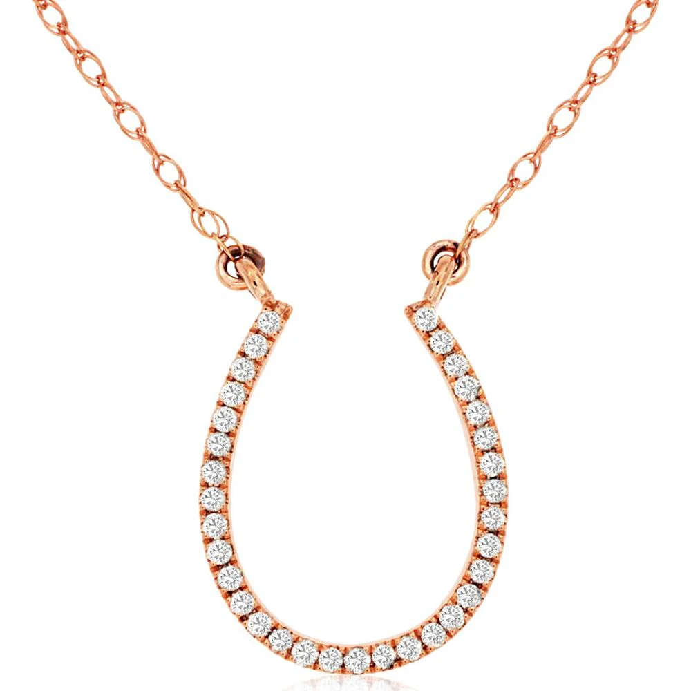 14K Rose Gold Open Horseshoe Pendant Necklace with Round Brilliant Cut Diamonds - 0.12 Carat Total Diamond Weight - Royal Jewelry