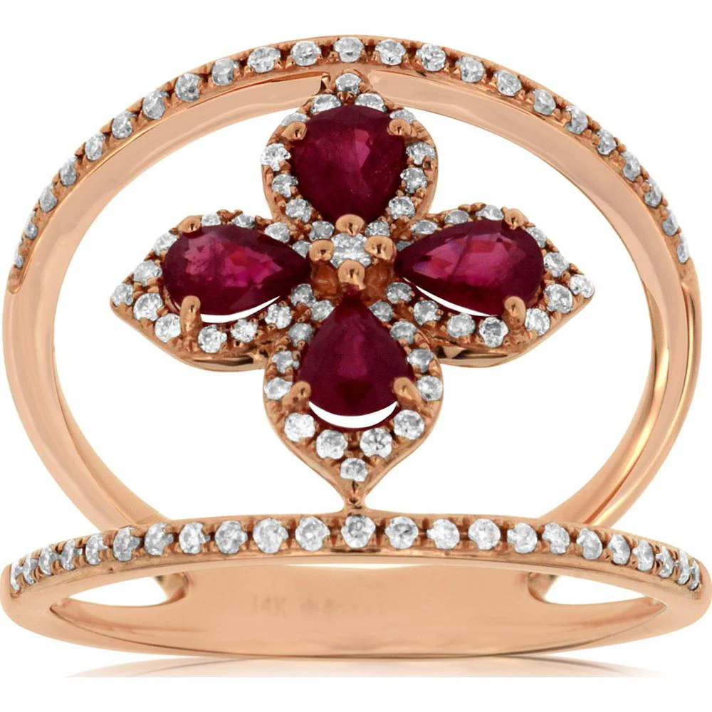 14K Rose Gold Openwork Quatrefoil Ring with Pear Cut Rubies and Diamond Halos - 0.65 Carat Ruby Total Weight, 0.32 Carat Diamond Total Weight - Royal Jewelry