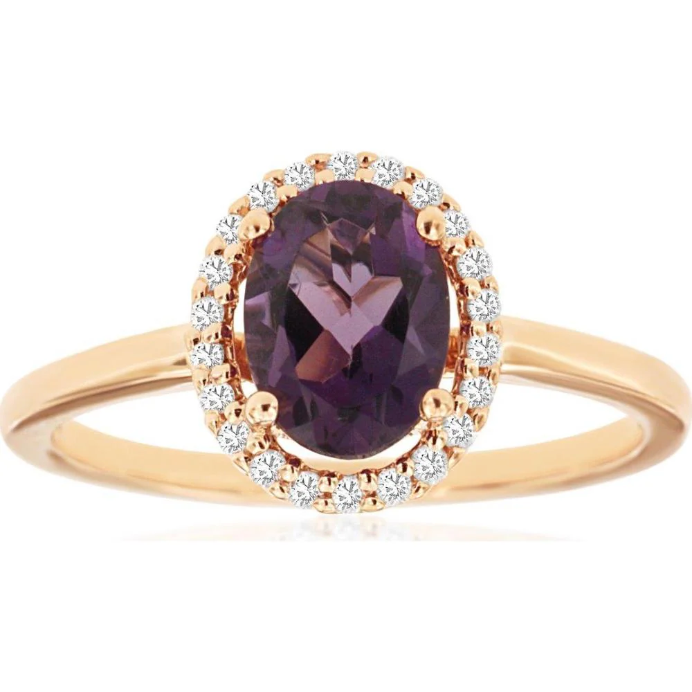 14K Rose Gold Oval Amethyst and Diamond Halo Ring - 1.10 Carat Amethyst, 0.12 Carat Total Diamond Weight - Royal Jewelry