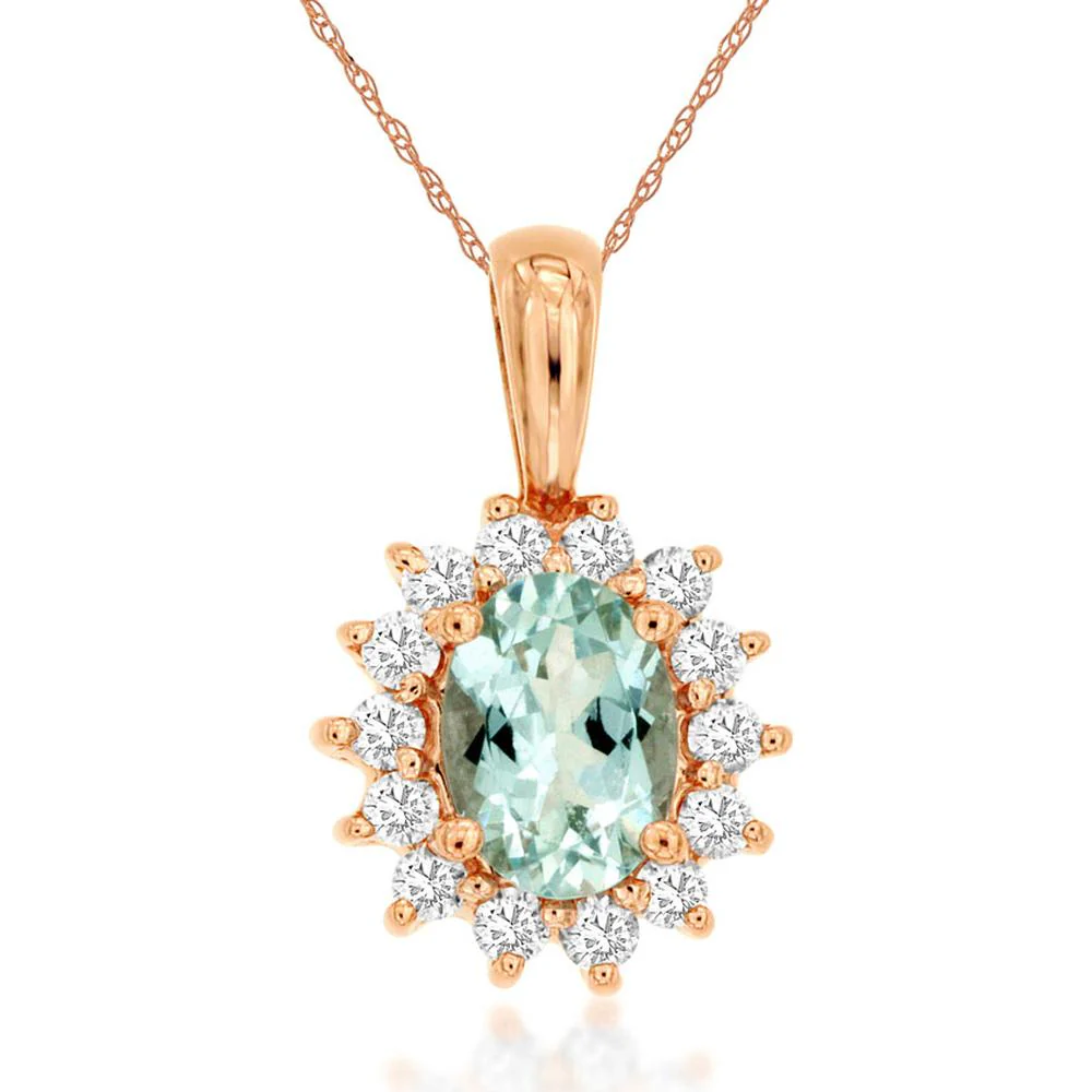 14K Rose Gold Oval Aquamarine and Diamond Halo Pendant Necklace - 0.68 Carat Aquamarine, 0.30 Carat Total Diamond Weight - Royal Jewelry