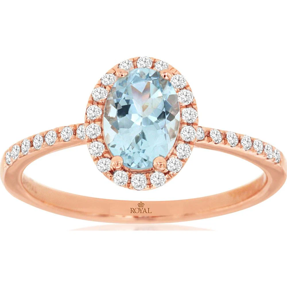 14K Rose Gold Oval Aquamarine and Diamond Halo Ring with Pave Set Diamond Shoulders - 0.68 Carat Aquamarine, 0.17 Carat Total Diamond Weight - Royal Jewelry