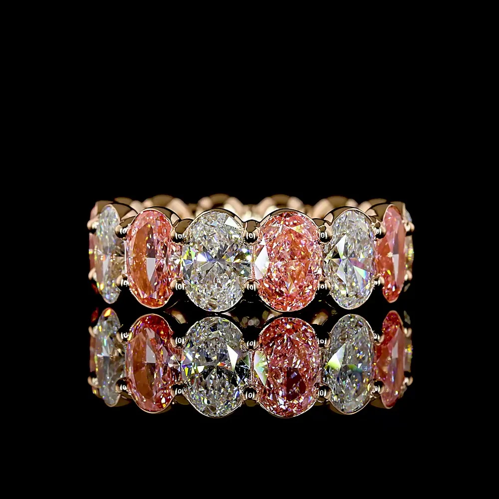 14K Rose Gold Oval Cut Eternity Band with Alternating Fancy Vivid Pink and White Lab Diamonds - 7.56 Carats Total Diamond Weight - Covaloro Fine Jewelry