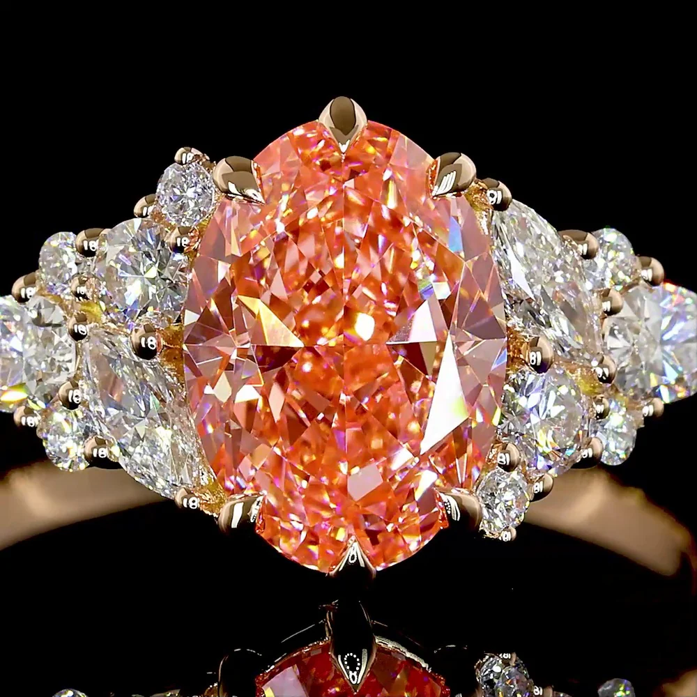 14K Rose Gold Oval-Cut Fancy Vivid Pink Lab Diamond Ring with Pear and Marquise White Diamond Accents - 2.50 Carat Total Diamond Weight - Covaloro Fine Jewelry - Image 2