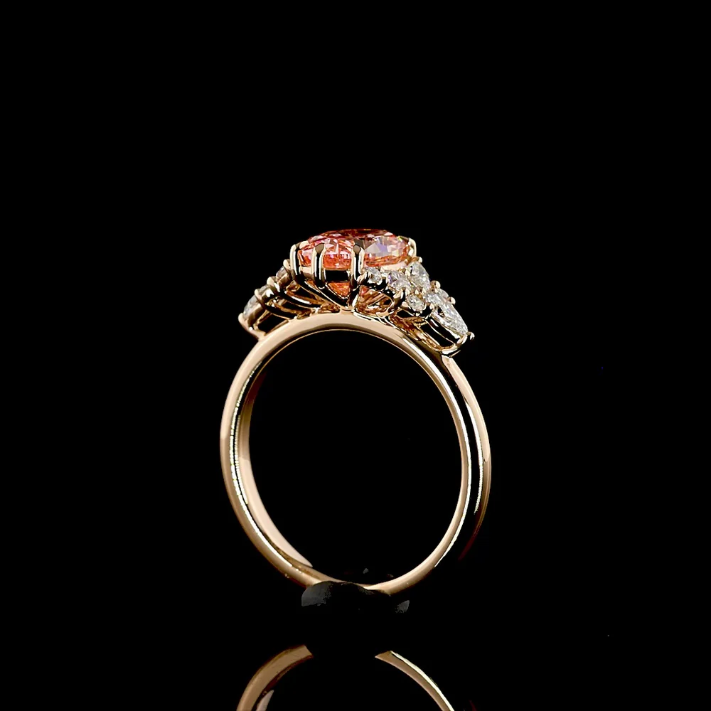 14K Rose Gold Oval-Cut Fancy Vivid Pink Lab Diamond Ring with Pear and Marquise White Diamond Accents - 2.50 Carat Total Diamond Weight - Covaloro Fine Jewelry - Image 3