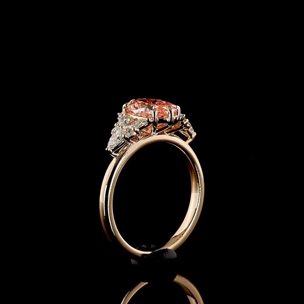 14K Rose Gold Oval-Cut Fancy Vivid Pink Lab Diamond Ring with Pear and Marquise White Diamond Accents - 2.50 Carat Total Diamond Weight - Covaloro Fine Jewelry - Image 4