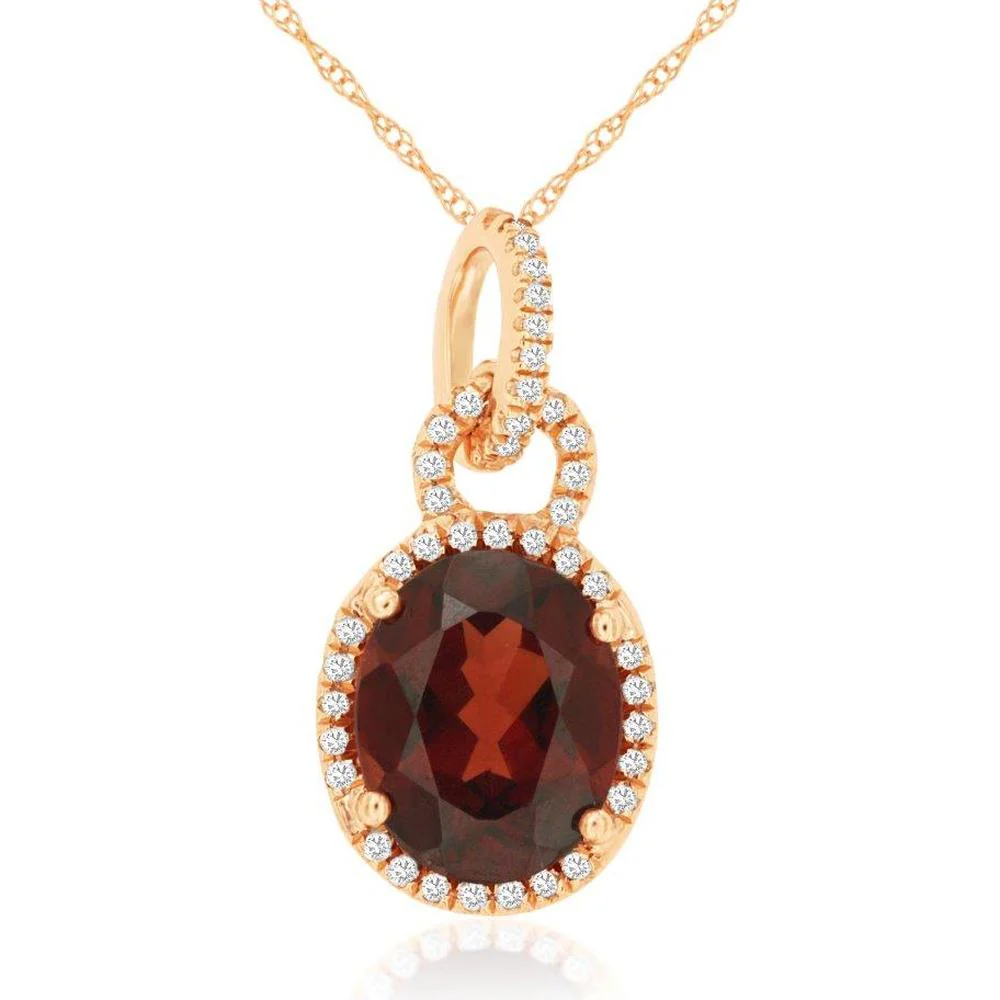 14K Rose Gold Oval Garnet and Diamond Halo Pendant Necklace with 2.75 Carat Garnet and 0.12 Carat Total Diamond Weight - Royal Jewelry