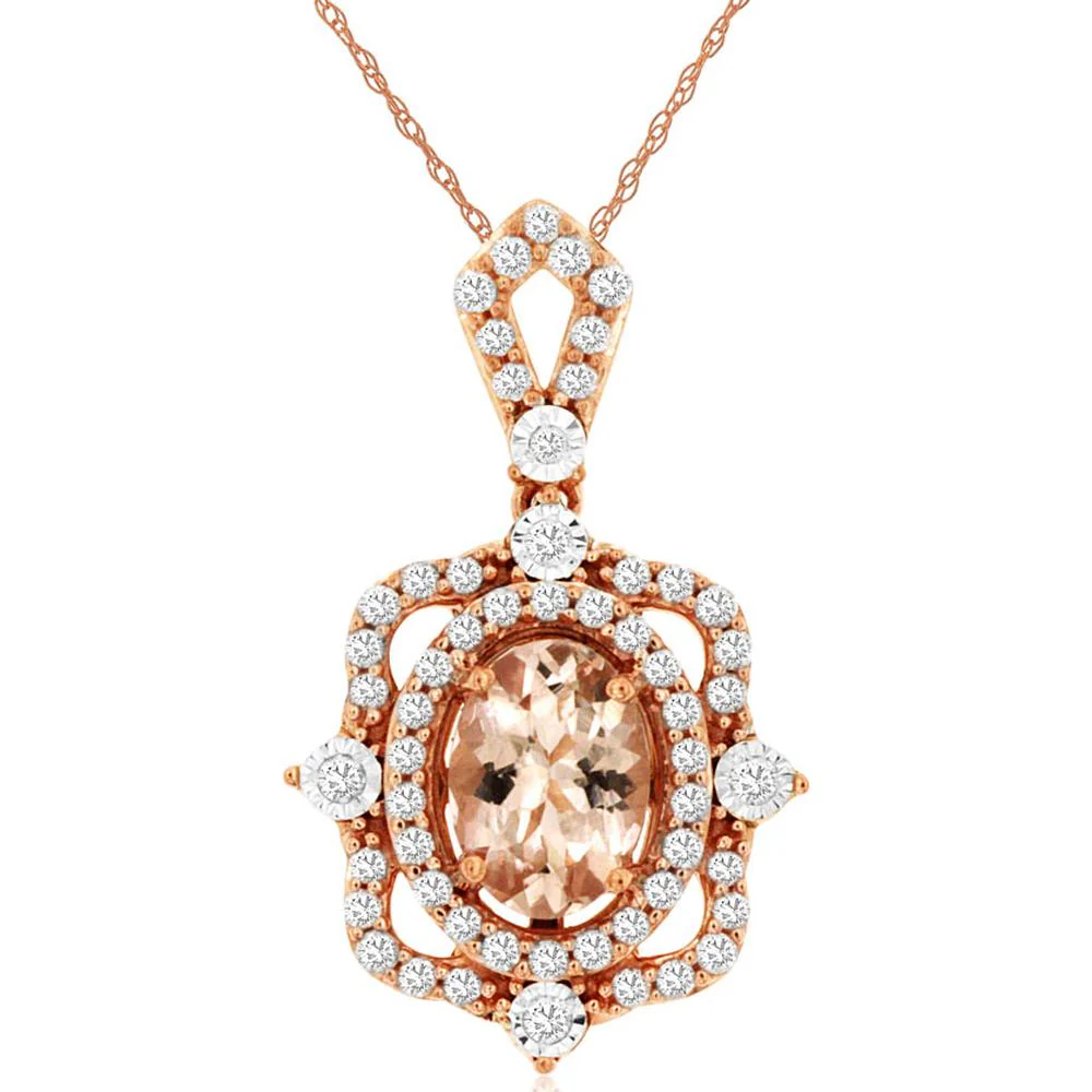 14K Rose Gold Oval Morganite & Diamond Halo Pendant - 0.67 Carat Morganite and 0.25 Carat Total Diamond Weight - Royal Jewelry