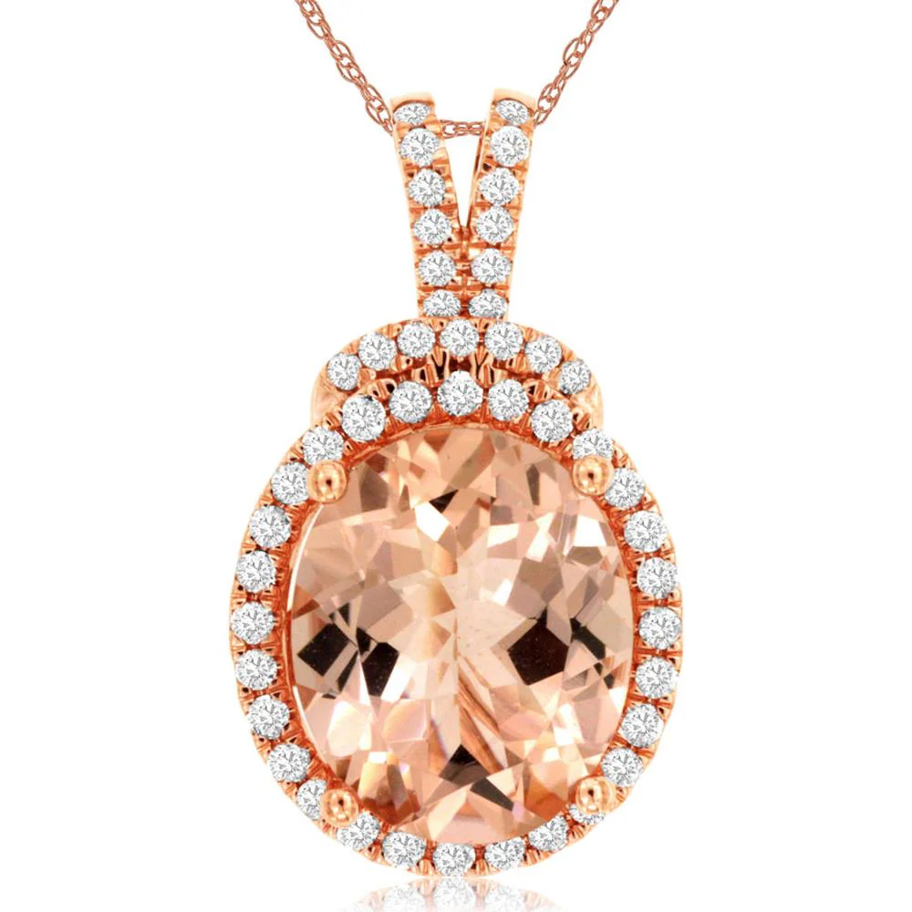 14K Rose Gold Oval Morganite and Diamond Halo Pendant with Diamond Double Bail - 4.00 Carat Morganite and 0.37 Carat Total Diamond Weight - Royal Jewelry
