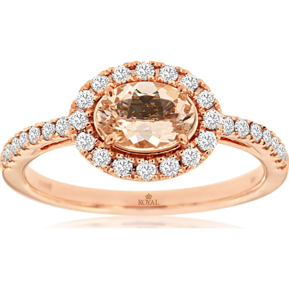 14K Rose Gold Oval Morganite and Diamond Halo Ring with Diamond Accented Band - 0.68 Carat Morganite and 0.33 Carat Total Diamond Weight - Royal Jewelry