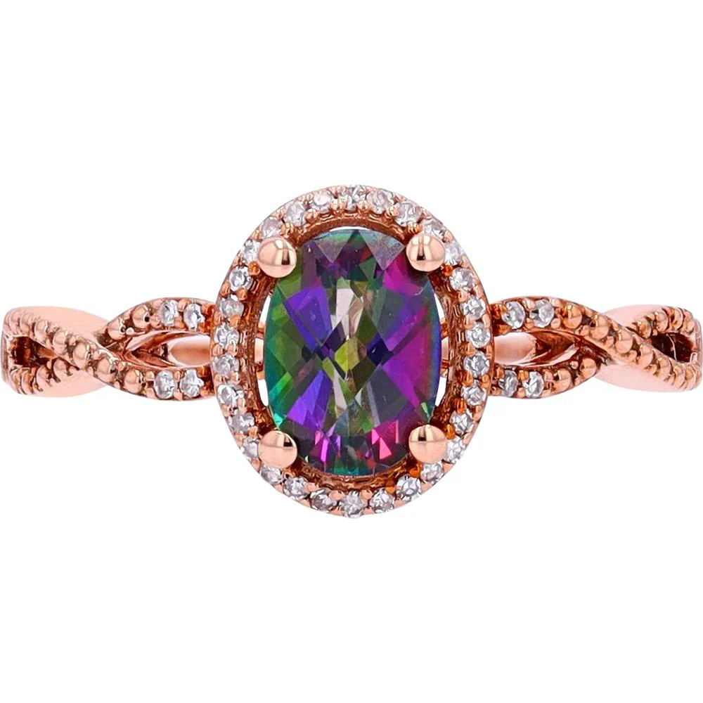14K Rose Gold Oval Mystic Gemstone Ring with 0.10 Carat Diamond Halo