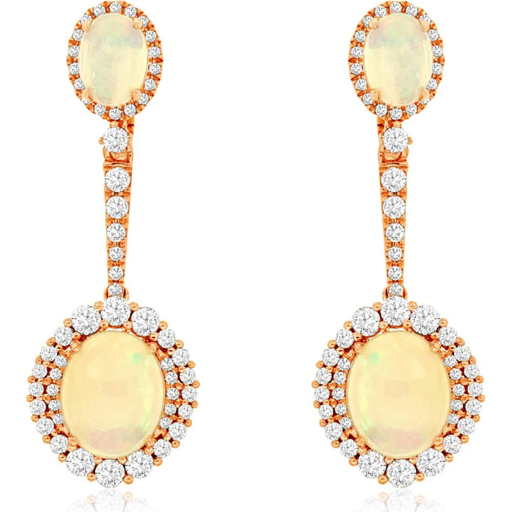 14K Rose Gold Oval Opal and Diamond Drop Earrings with Diamond Halo Accents - 6.00 Carat Total Opal Weight and 2.15 Carat Total Diamond Weight - Royal Jewelry
