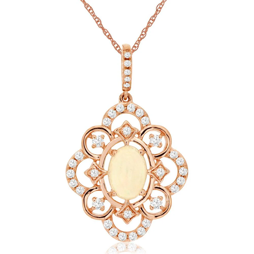 14K Rose Gold Oval Opal and Diamond Floral Pendant with 0.50 Carat Opal and 0.24 Carat Total Diamond Weight - Royal Jewelry