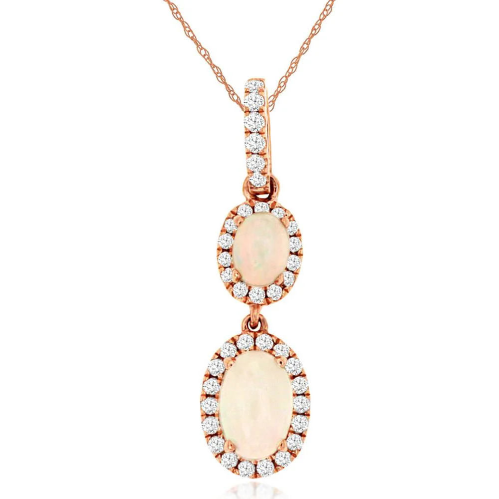 14K Rose Gold Oval Opal and Diamond Halo Drop Pendant - 0.65 Carat Opal and 0.14 Carat Diamond Total Weight - Royal Jewelry