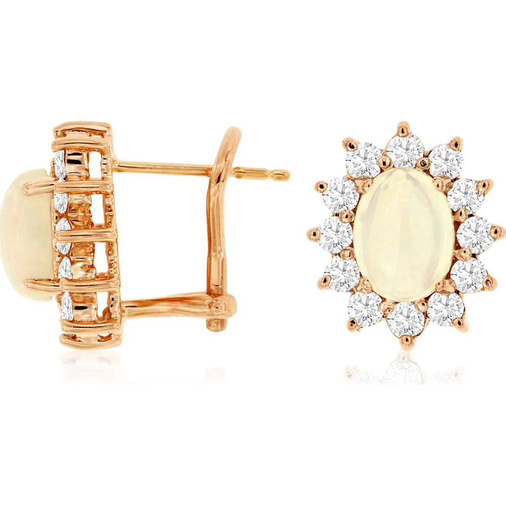 14K Rose Gold Oval Opal and Diamond Halo Earrings - 1.80 Carat Total Opal Weight, 1.26 Carat Total Diamond Weight - Royal Jewelry