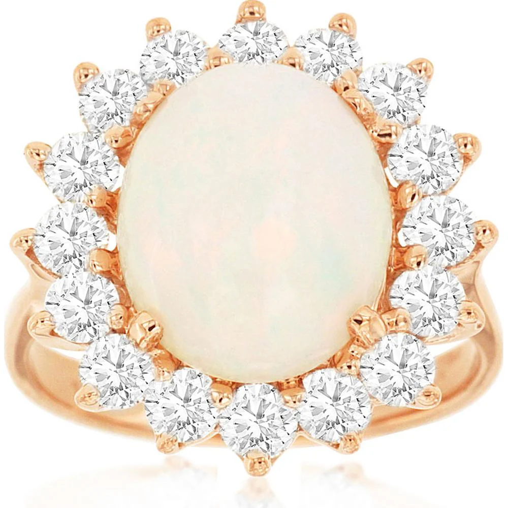 14K Rose Gold Oval Opal and Diamond Halo Ring - 3.00 Carat Opal with 1.55 Carat Total Diamond Weight - Royal Jewelry