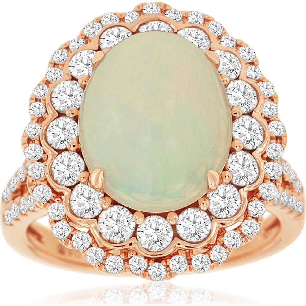 14K Rose Gold Oval Opal & Double Halo Diamond Ring - 3.00 Carat Opal & 1.40 Carat Total Diamond Weight - Royal Jewelry