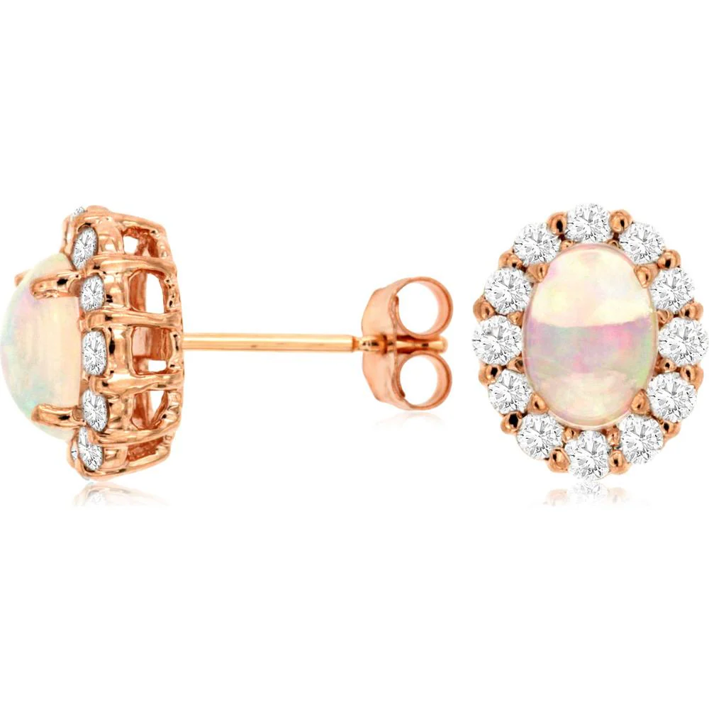 14K Rose Gold Oval Opal and Round Diamond Halo Stud Earrings - 1.00 Carat Total Opal Weight and 0.60 Carat Total Diamond Weight - Royal Jewelry