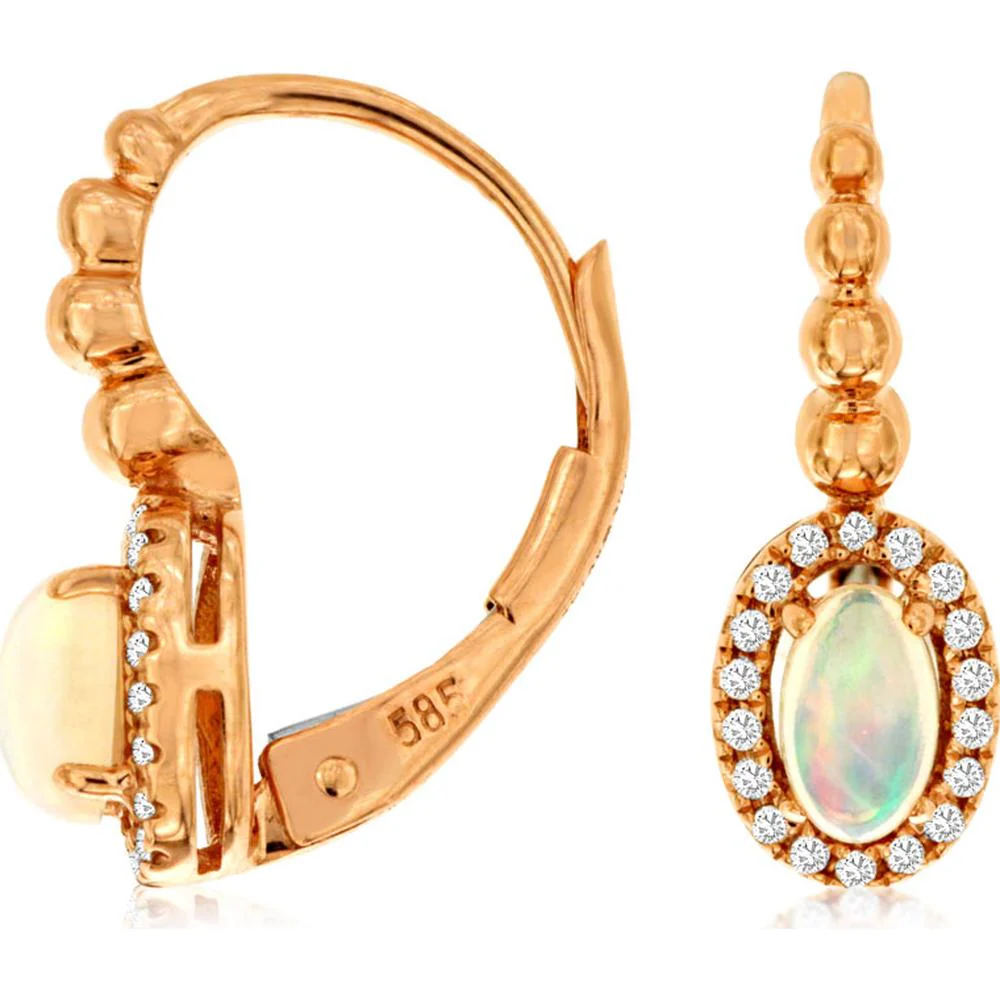14K Rose Gold Oval Opal Drop Earrings with Round Diamond Halo - 0.35 Carat Total Opal Weight and 0.10 Carat Total Diamond Weight - Royal Jewelry