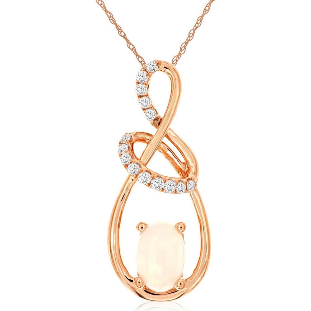 14K Rose Gold Oval Opal Pendant with Round Diamond Accents - 0.35 Carat Opal and 0.08 Carat Total Diamond Weight - Royal Jewelry