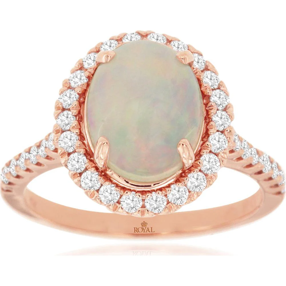 14K Rose Gold Oval Opal Ring with Diamond Halo - 1.70 Carat Opal & 0.60 Carat Total Diamond Weight - Royal Jewelry