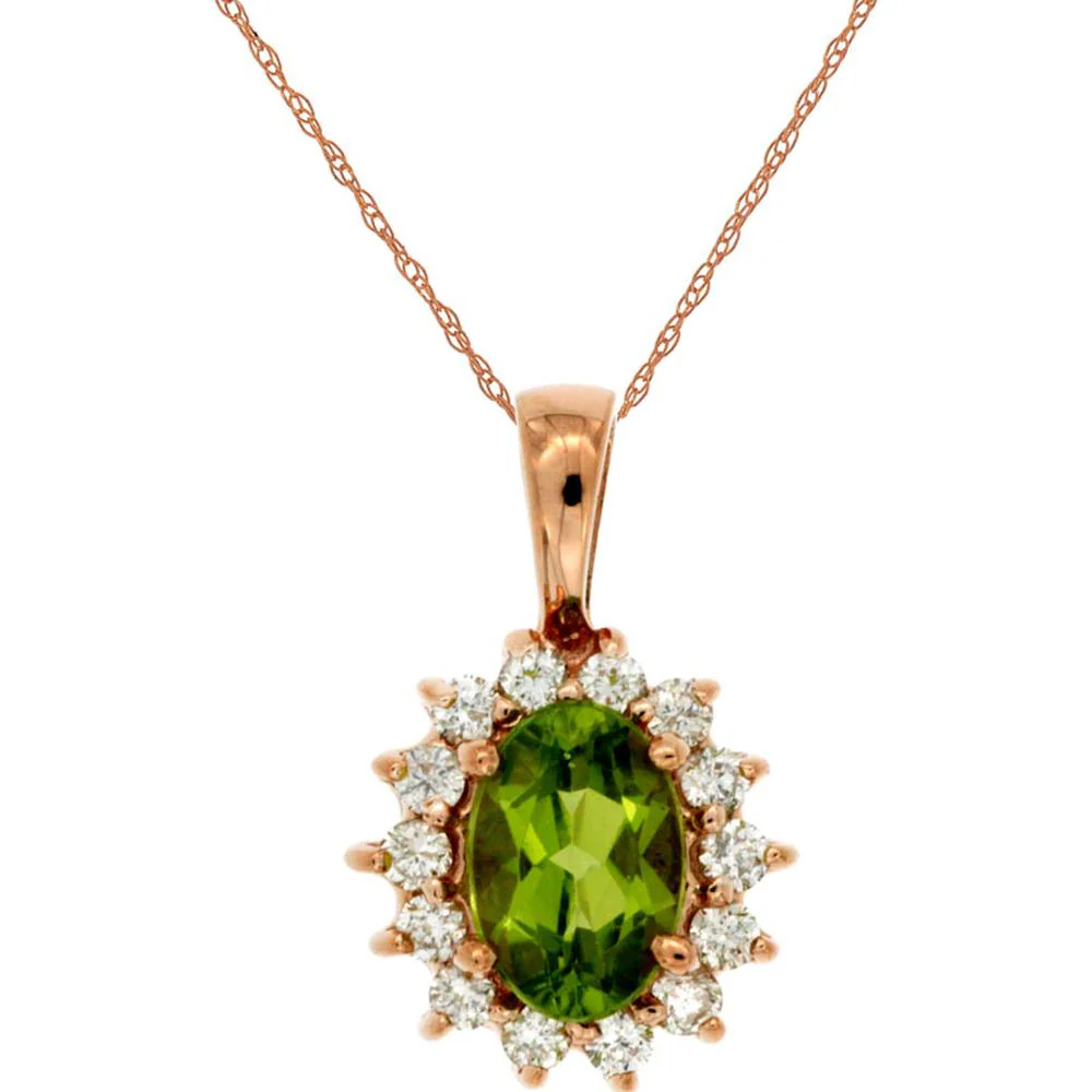 14K Rose Gold Oval Peridot and Diamond Halo Pendant - 0.85 Carat Peridot, 0.30 Carat Diamonds - Royal Jewelry