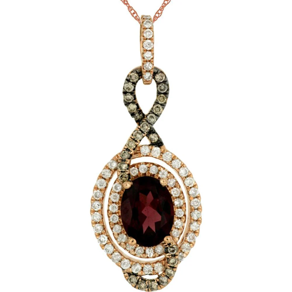 14K Rose Gold Oval Rhodolite Pendant with Diamond and Mocha Diamond Double Halo Accents - 1.55 Carat Rhodolite - Royal Jewelry