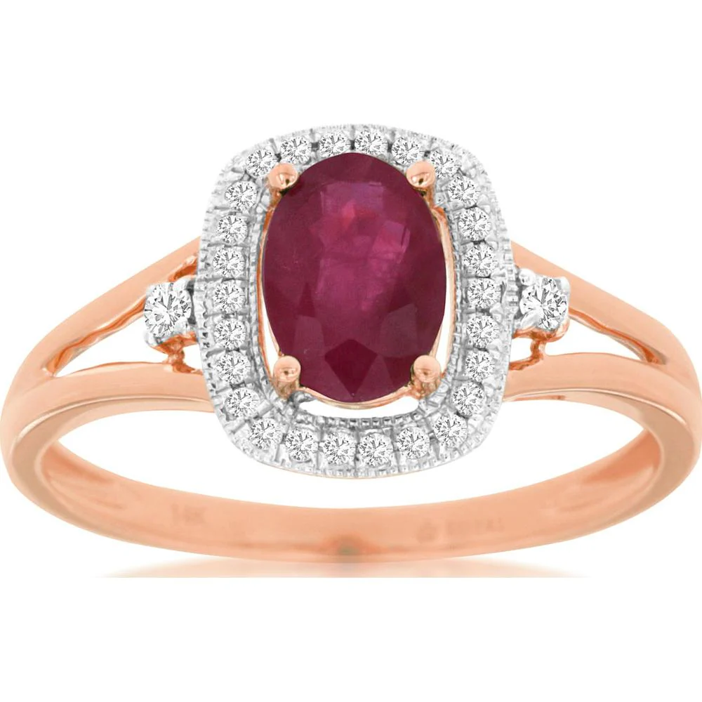 14K Rose Gold Oval Ruby and Diamond Halo Ring with 0.90 Carat Ruby and 0.10 Carat Total Diamond Weight - Royal Jewelry